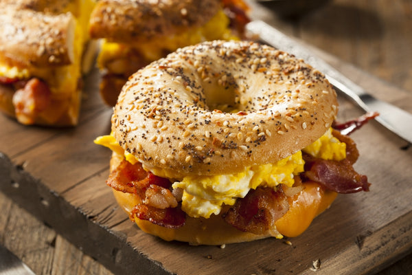 breakfast favorites, egg, bacon, bagel