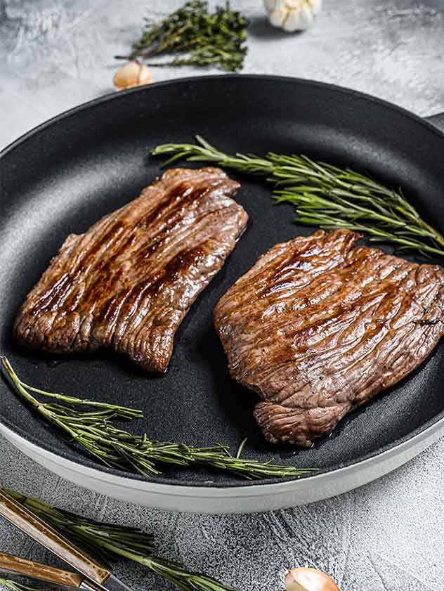 Cooked grass fed beef on a pan
