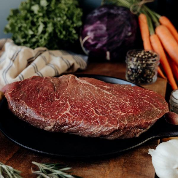 Beef London Broil raw in skillet