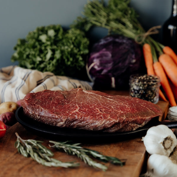 Beef London Broil raw in skillet