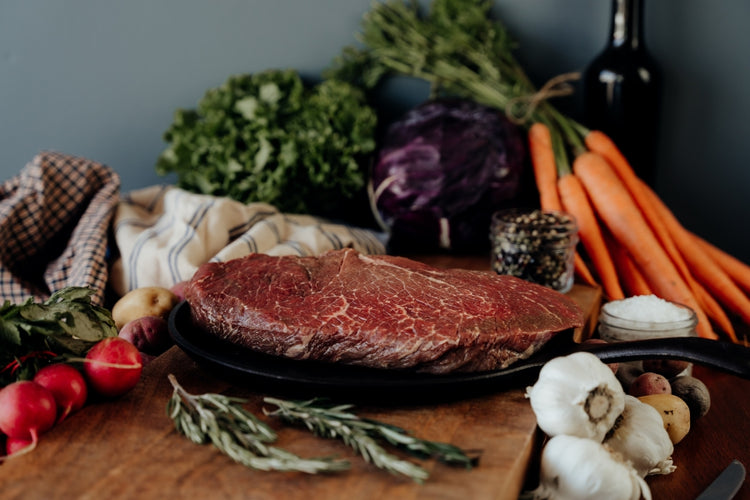 Beef London Broil raw in skillet