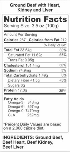 Nutrition label for 75% Lean Ground Beef with Heart, Kidney, Liver - 1 lb
