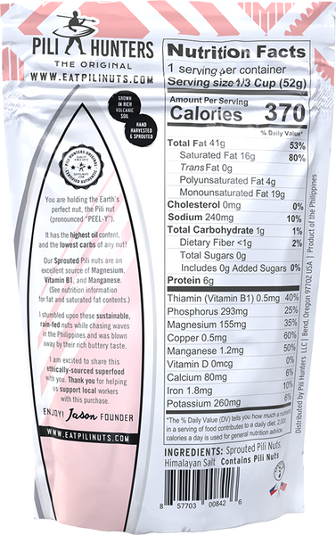 pili hunters nuts with himalayan salt nutrient facts, back of pkg