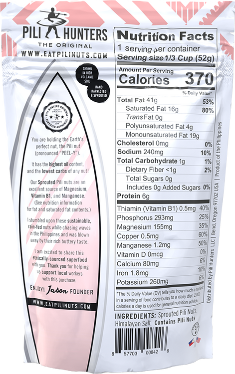 pili hunters nuts with himalayan salt nutrient facts, back of pkg