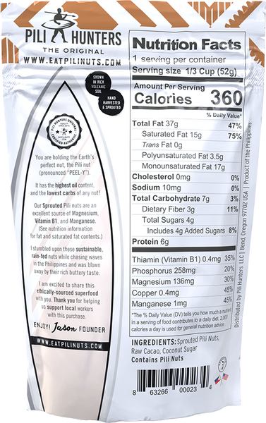 Pili Hunters raw cacao nuts back of package nutrition facts