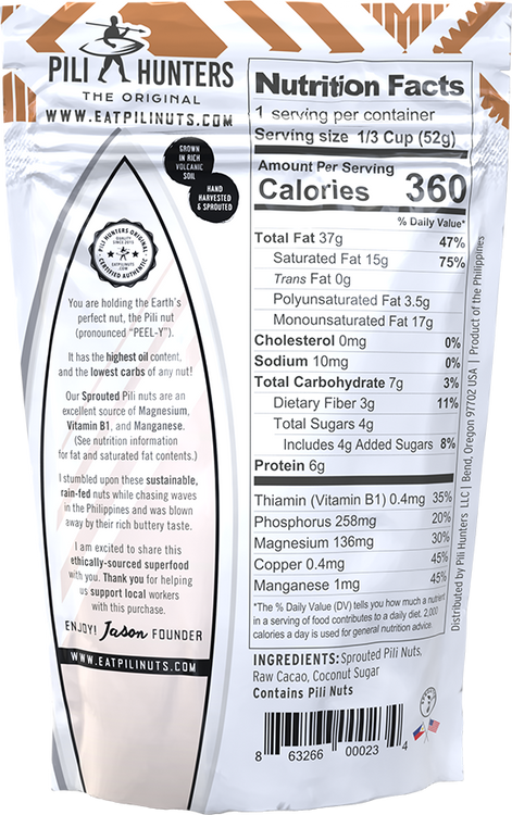Pili Hunters raw cacao nuts back of package nutrition facts