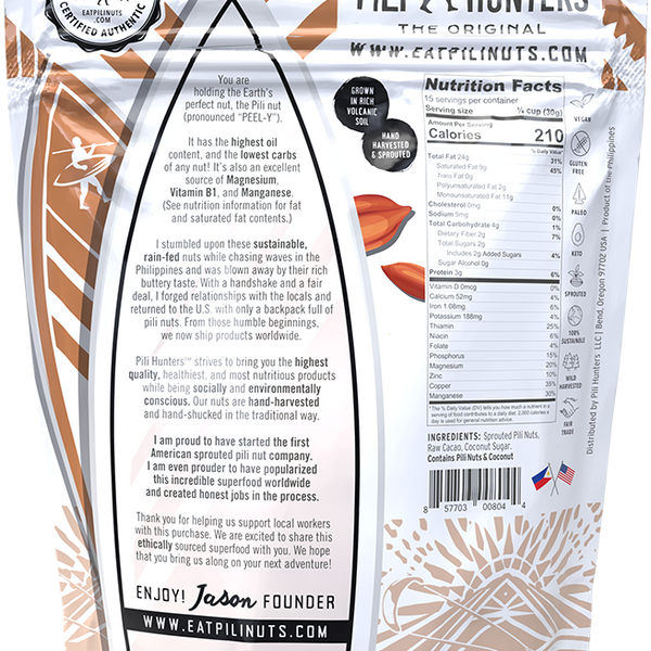 pili hunters nuts with raw cacao back of pkg, nutrition