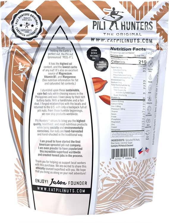 pili hunters nuts with raw cacao back of pkg, nutrition