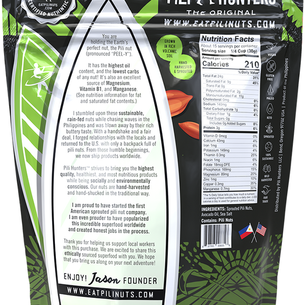 pili hunters nuts fried in avocado oil, keto nuts, back of package nutrition facts, ingredients