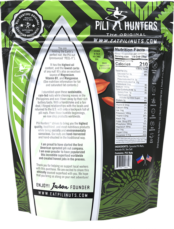 pili hunters nuts fried in avocado oil, keto nuts, back of package nutrition facts, ingredients