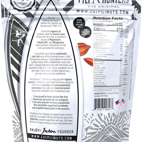 pili hunters natural unsalted nuts, back of pkg nutrition