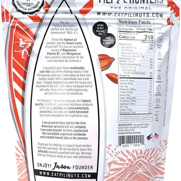 pili hunters spicy chili nuts back of pkg, nutrition