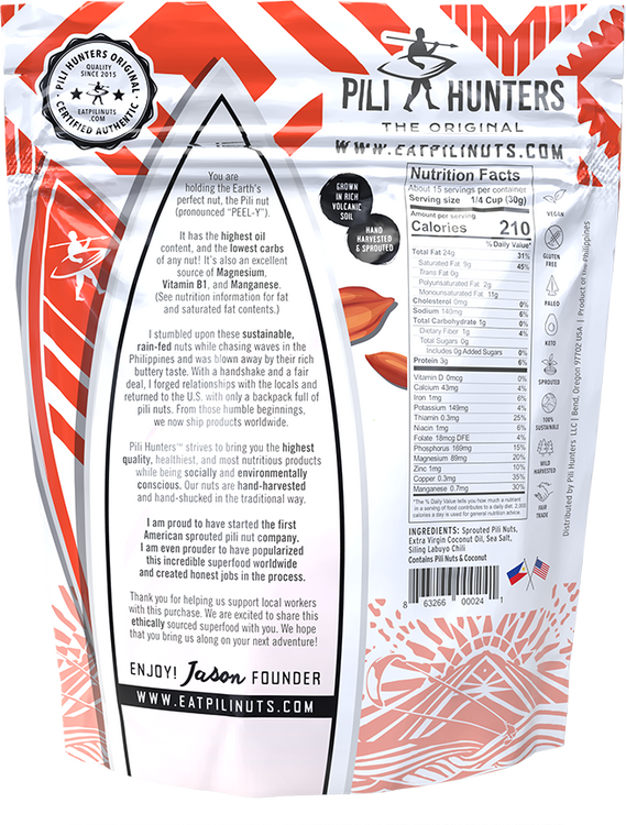 pili hunters spicy chili nuts back of pkg, nutrition