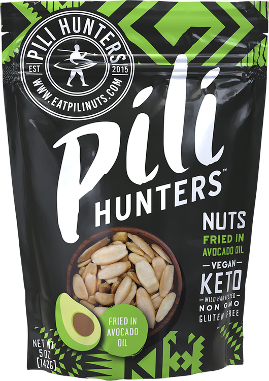 pili hunters nuts fried in avocado oil, keto nuts, front of package