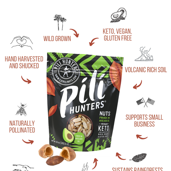 pili hunters nuts fried in avocado oil, keto nuts, wild, sustainable