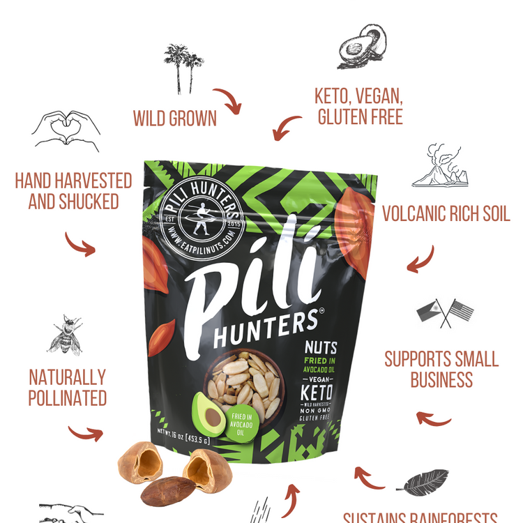 pili hunters nuts fried in avocado oil, keto nuts, wild, sustainable
