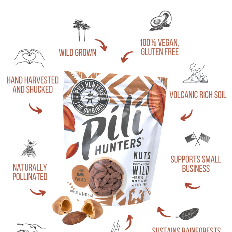 pili hunters nuts with raw cacao front of pkg with company ideals/principles, sustainable, wild grown