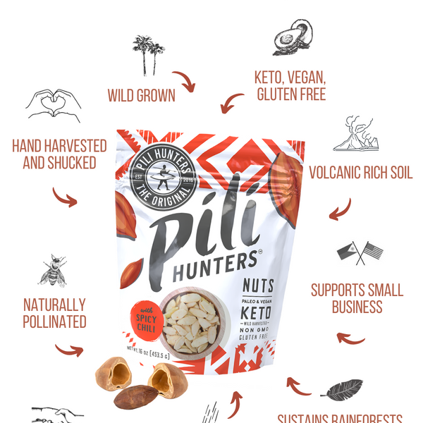 pili hunters spicy chili nuts front of pkg with company ideals/principles