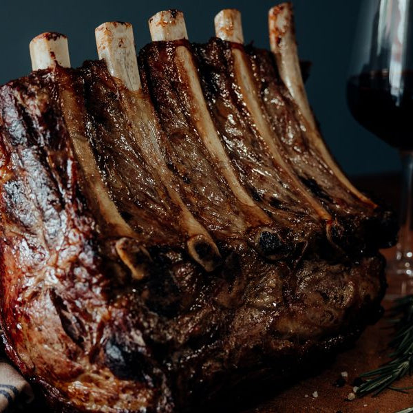 Grassfed Beef Standing 6-Rib Roast, cooked prime rib