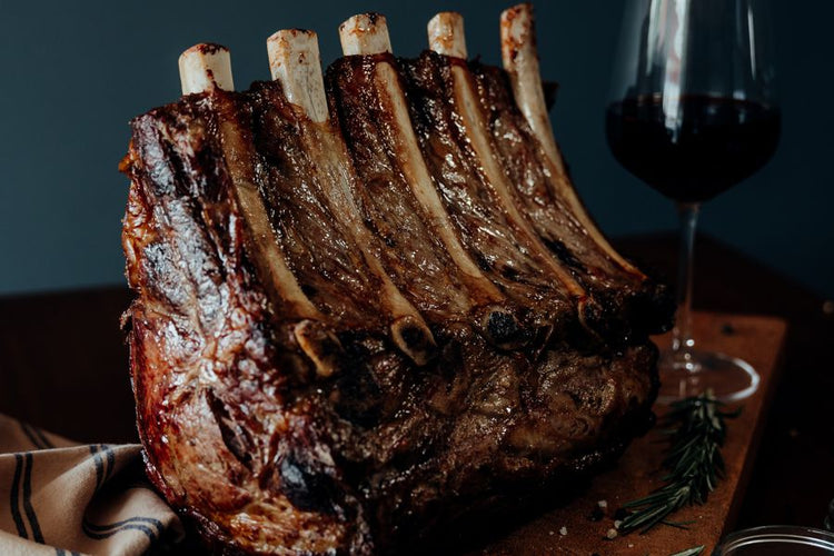 Grassfed Beef Standing 6-Rib Roast, cooked prime rib