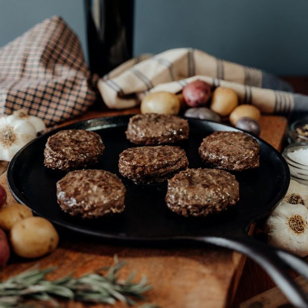 Grassfed Beef Breakfast Italian Sausage Sliders on skillet
