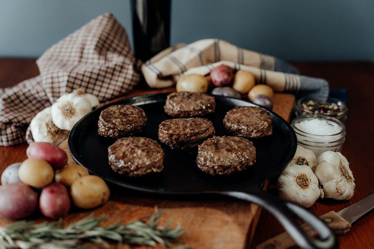 Grassfed Beef Breakfast Italian Sausage Sliders on skillet