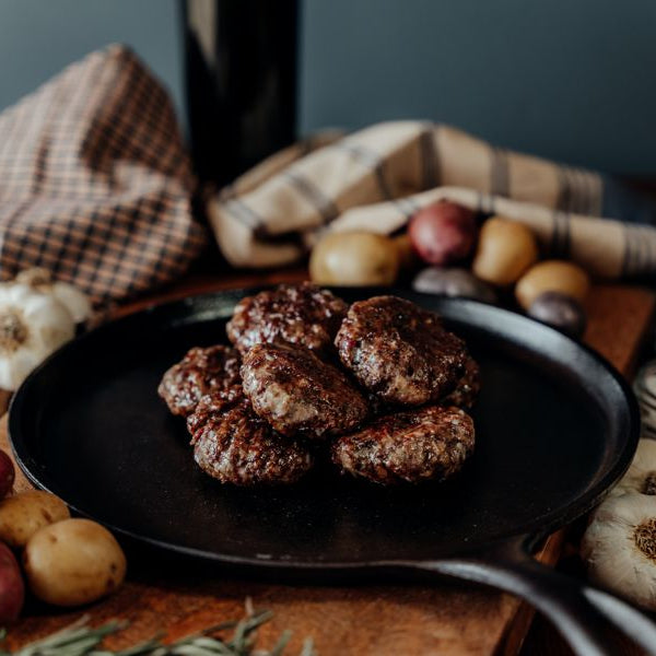 Grassfed Beef Adobo Meatballs on skillet