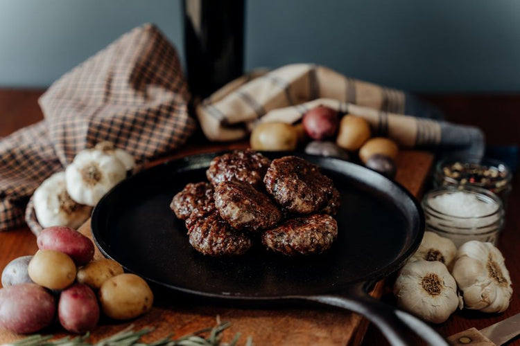 Grassfed Beef Adobo Meatballs on skillet