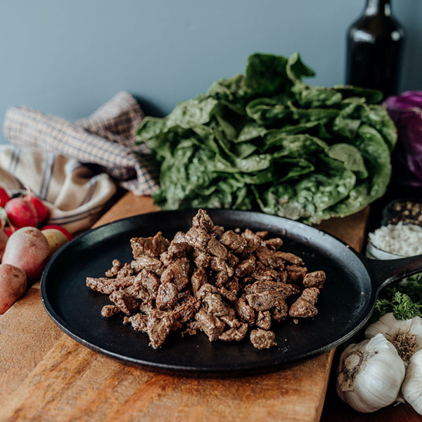 Cooked Bison Stew Meat On Skillet