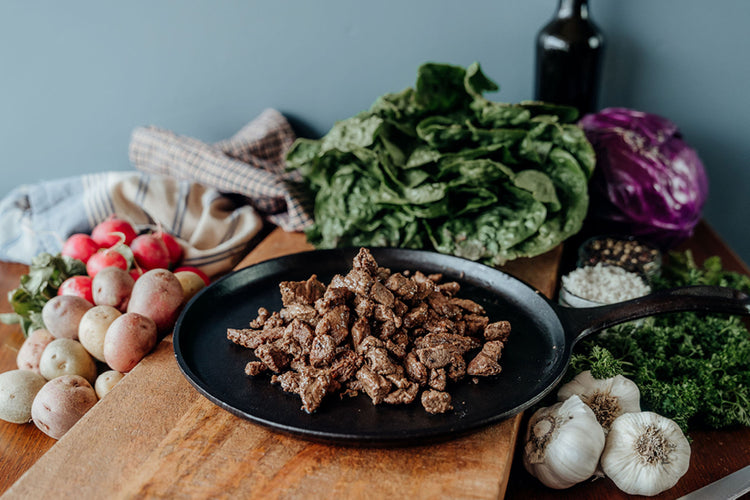 Cooked Bison Stew Meat On Skillet