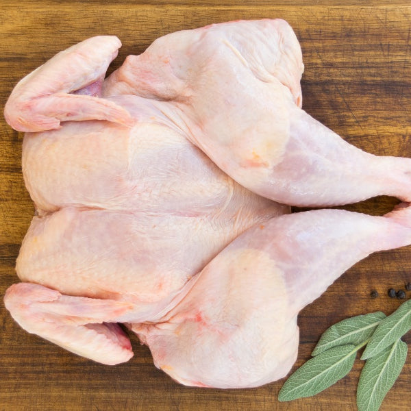 whole spatcock chicken, pastured chicken, split chicken