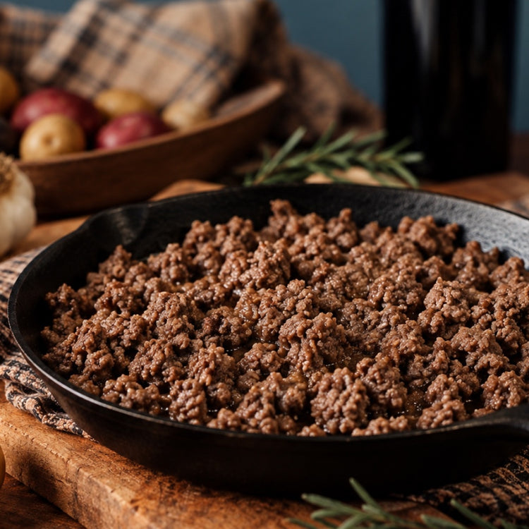 Cooked grassfed 90% Lean ground beef in a black cast iron skillet, styled on a wooden cutting board with garlic, potatoes, herbs, and kitchen props in a rustic kitchen setting.