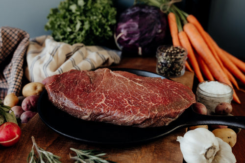 Beef London Broil raw in skillet