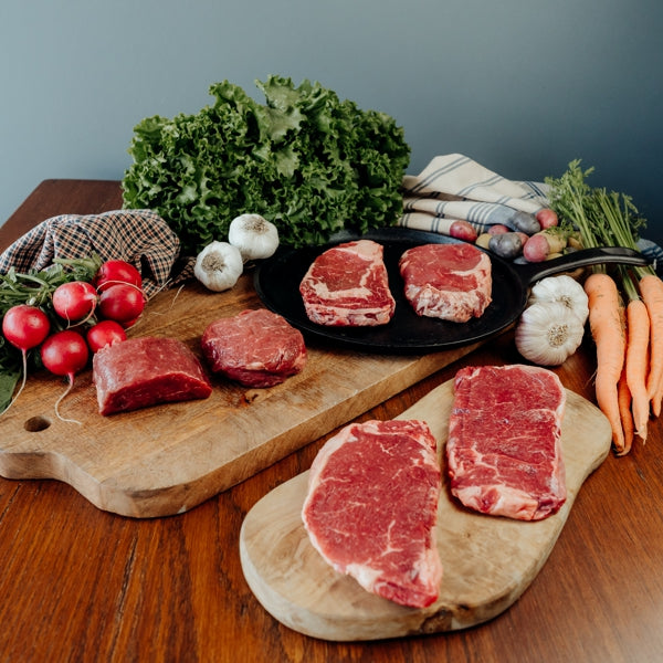 Fresh Chilled Grassfed Beef Steaks Bundle, ribeyes, filet mignon, NY Strips