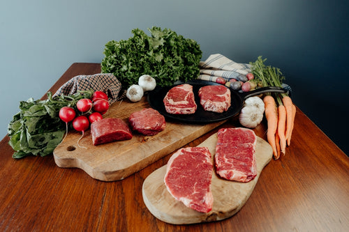 Fresh Chilled Grassfed Beef Steaks Bundle, ribeyes, filet mignon, NY Strips