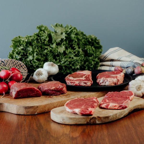 Fresh Chilled Grassfed Beef Steaks Bundle, ribeyes, filet mignon, NY Strips