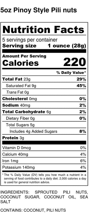 pili hunters nuts nutrition panel, ingredients