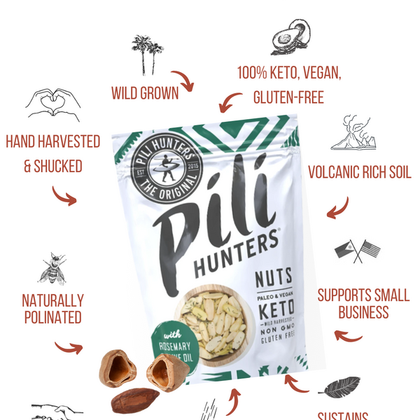 pili hunters rosemary and olive nuts front of package, wild grown, sustainable, ideals