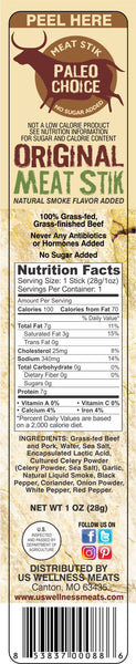 Nutrition label and ingredients list for an original meat stick product.