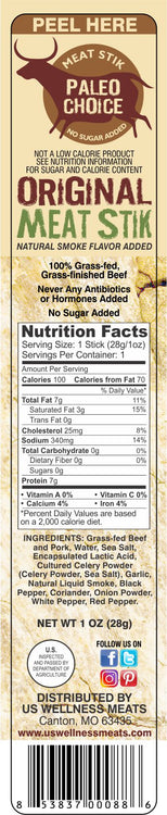 Nutrition label and ingredients list for an original meat stick product.