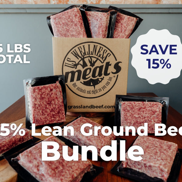 85% Lean Ground Beef Bundle with Wellness Meats packaging on a wooden surface.