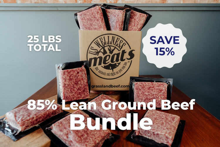 85% Lean Ground Beef Bundle with Wellness Meats packaging on a wooden surface.