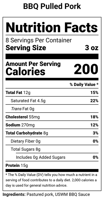 Nutrition label for BBQ Pulled Pork -  1.5 lbs