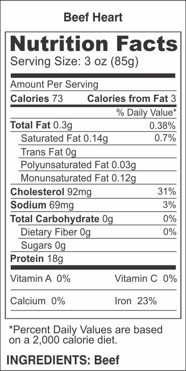 Nutrition label for Beef Heart - 1.25 lbs.