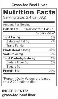 Nutrition label for Grass-Fed Beef Liver - 1 lb.