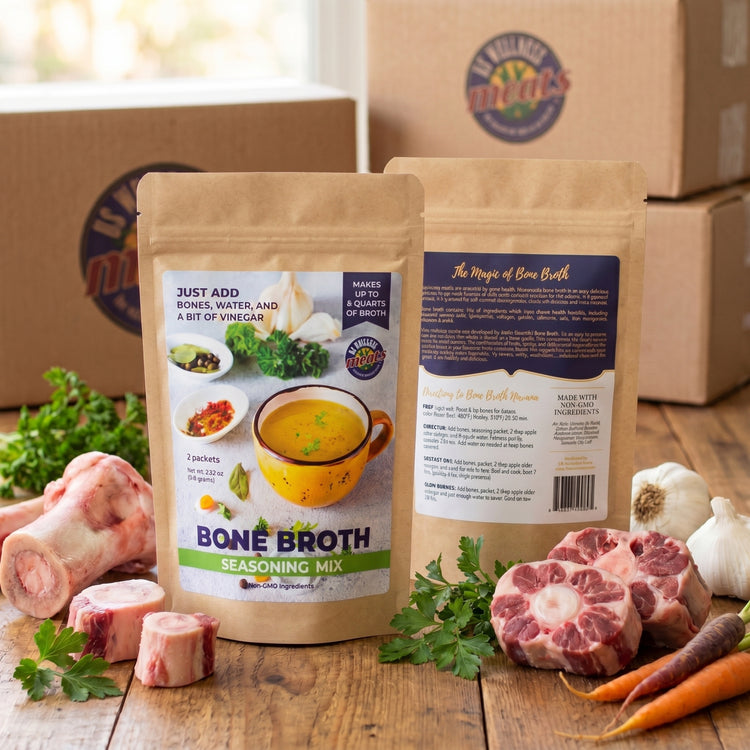 Bone broth kit alongside bones, vegetables, US Wellness boxes in background