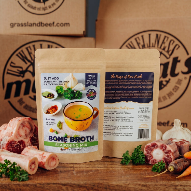 bone broth seasoning kit with bones, vegetables, and US Wellness Meats boxes in background