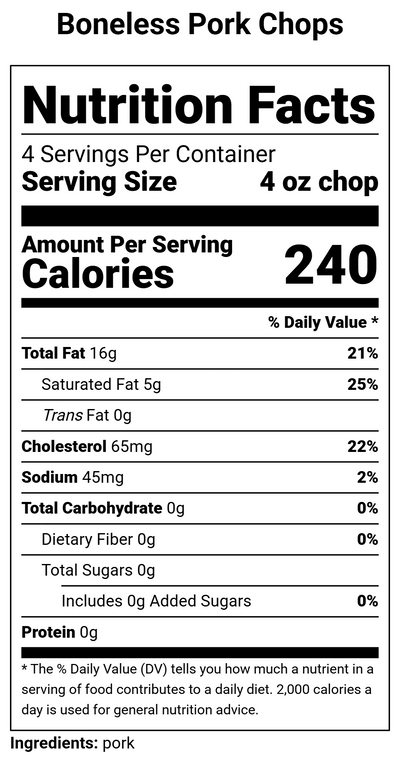 Nutrition label for Boneless Pork Chops - four 4 oz chops