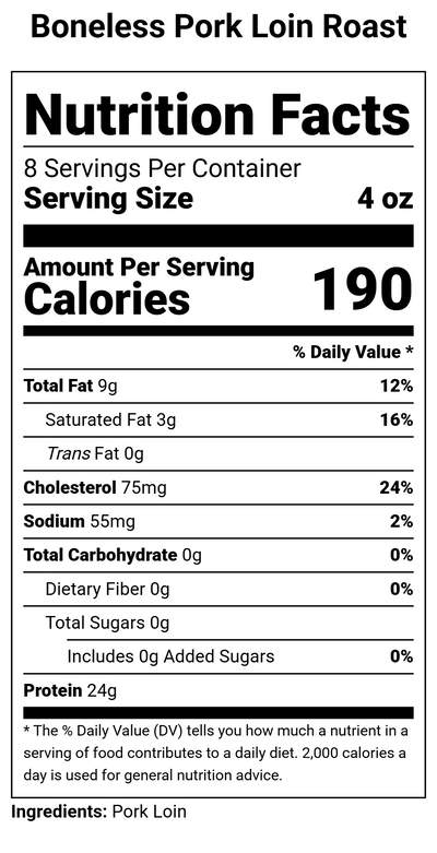 Nutrition label for Boneless Pork Loin Roast - 2 lbs