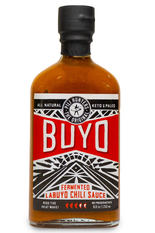 pili hunters fermented labuyo chili sauce, front of bottle